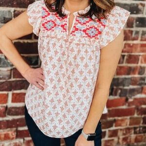 Perch by Blu Pepper Embroidered Southwestern Boho Top Flutter Sleeve Size 1X